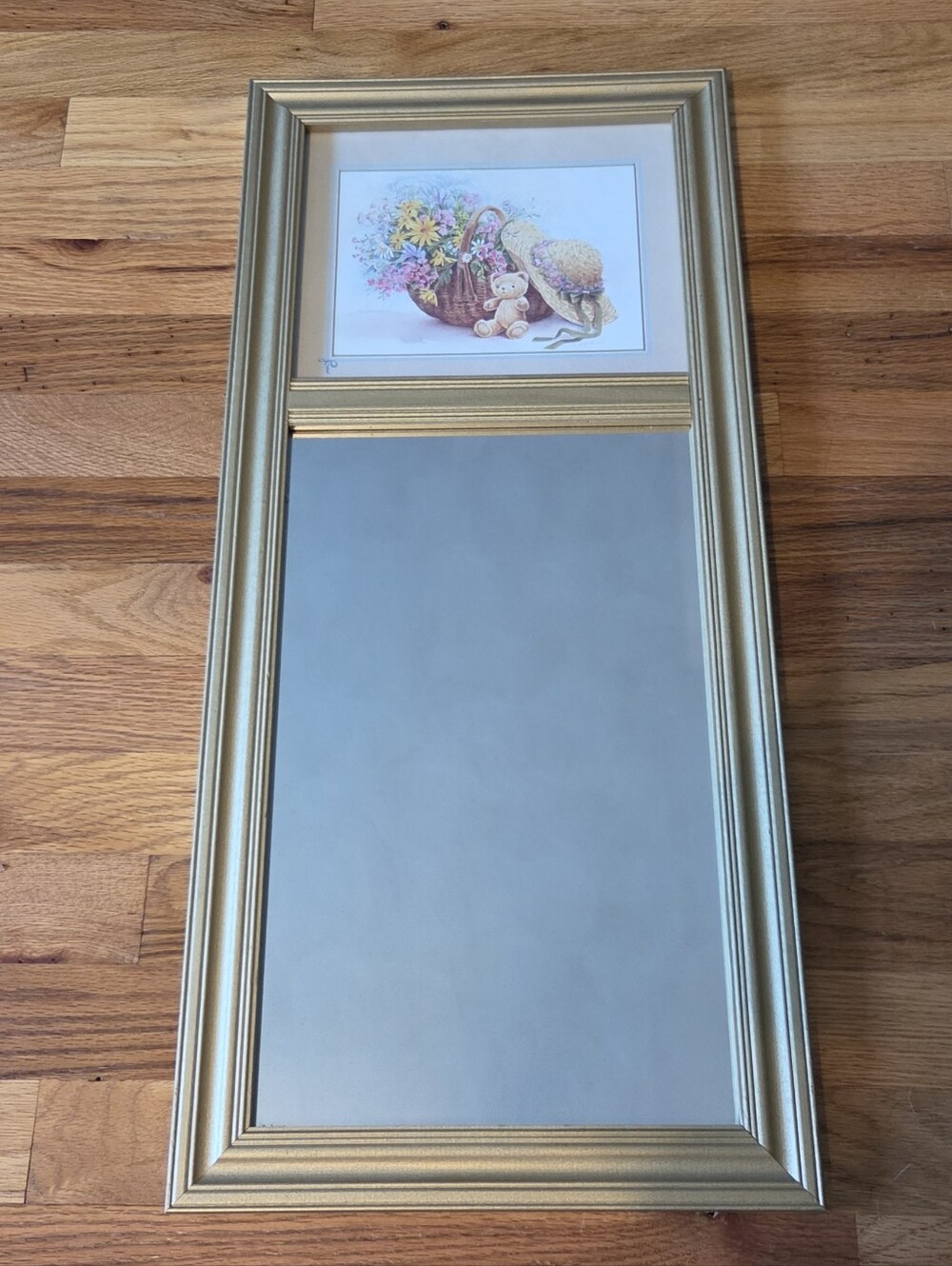 Vintage Gold Framed Wall Mirror with Floral Bear Print Grandma Cottage